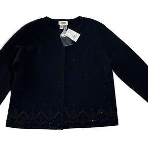 Talbots‎ Petites Wool Beaded Cardigan L Ink Black Holiday Elegant NWT